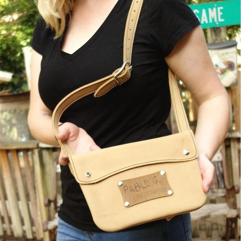 Handcrafted Tan Horween Leather Crossbody Bag Purse Handbag